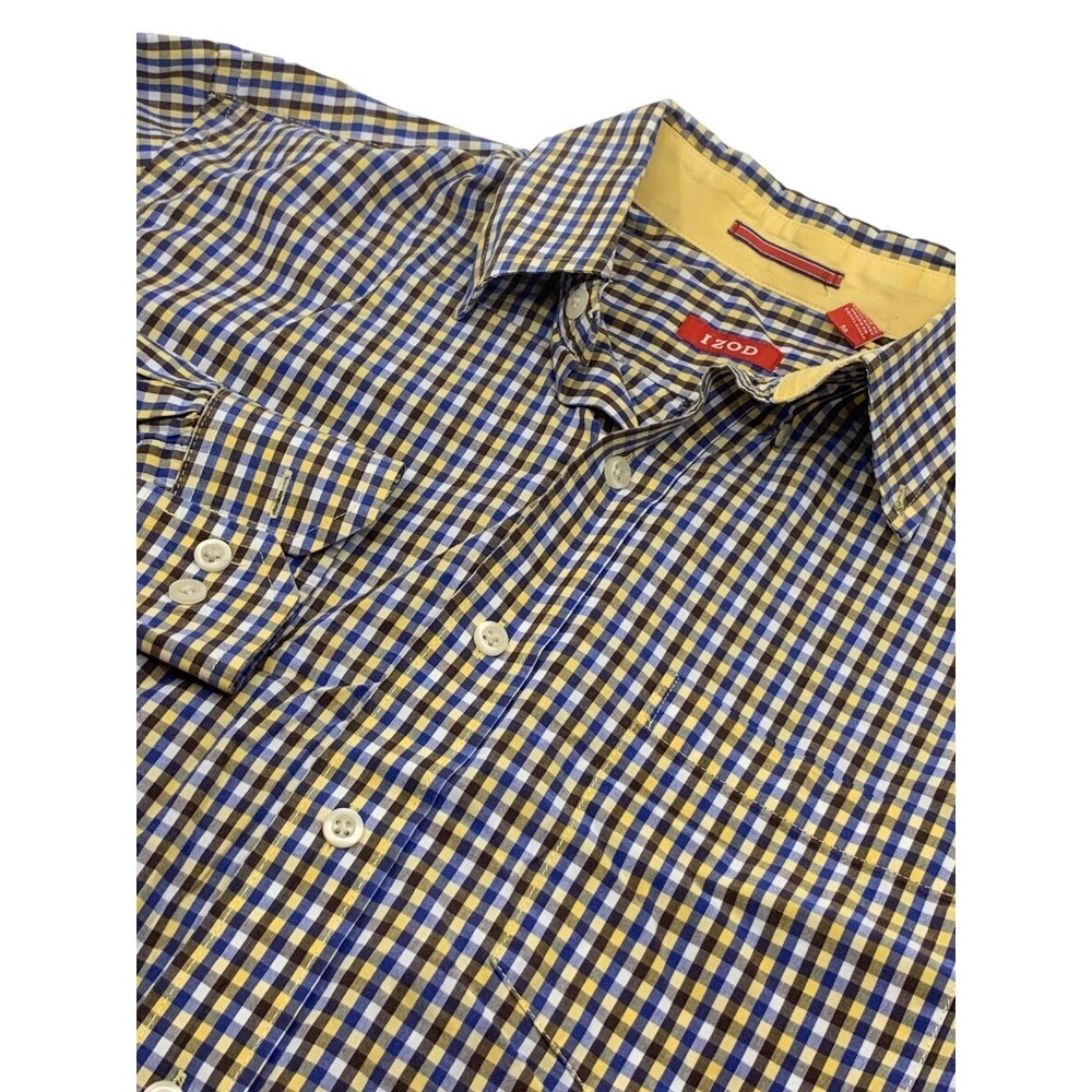 Izod Saltwater Mens Long Sleeve Button Down Shirt Blue Brown Yellow Plaid Size M